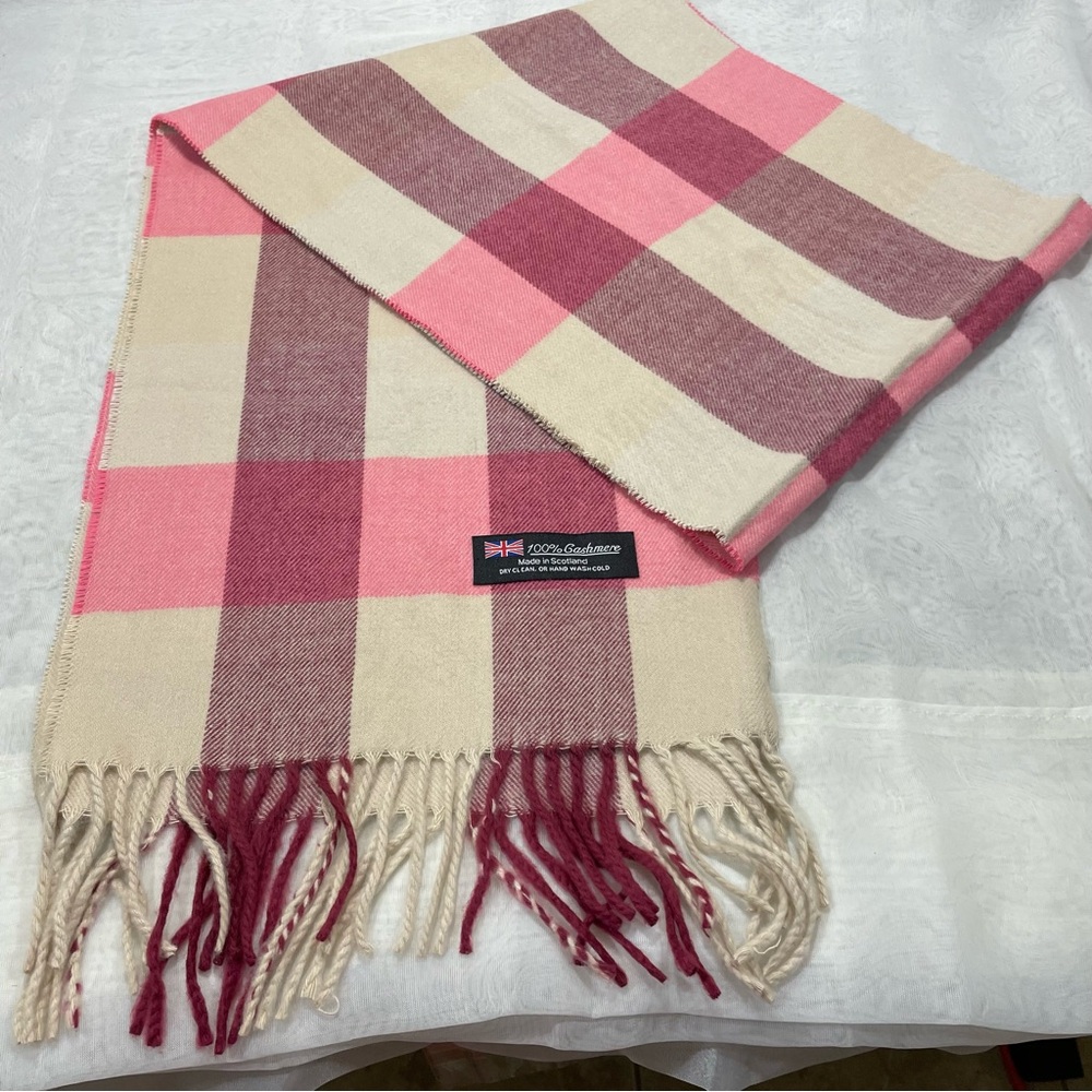 Pink and Cream Plaid 100% Cashmere Scarf with Fringe, NWOT